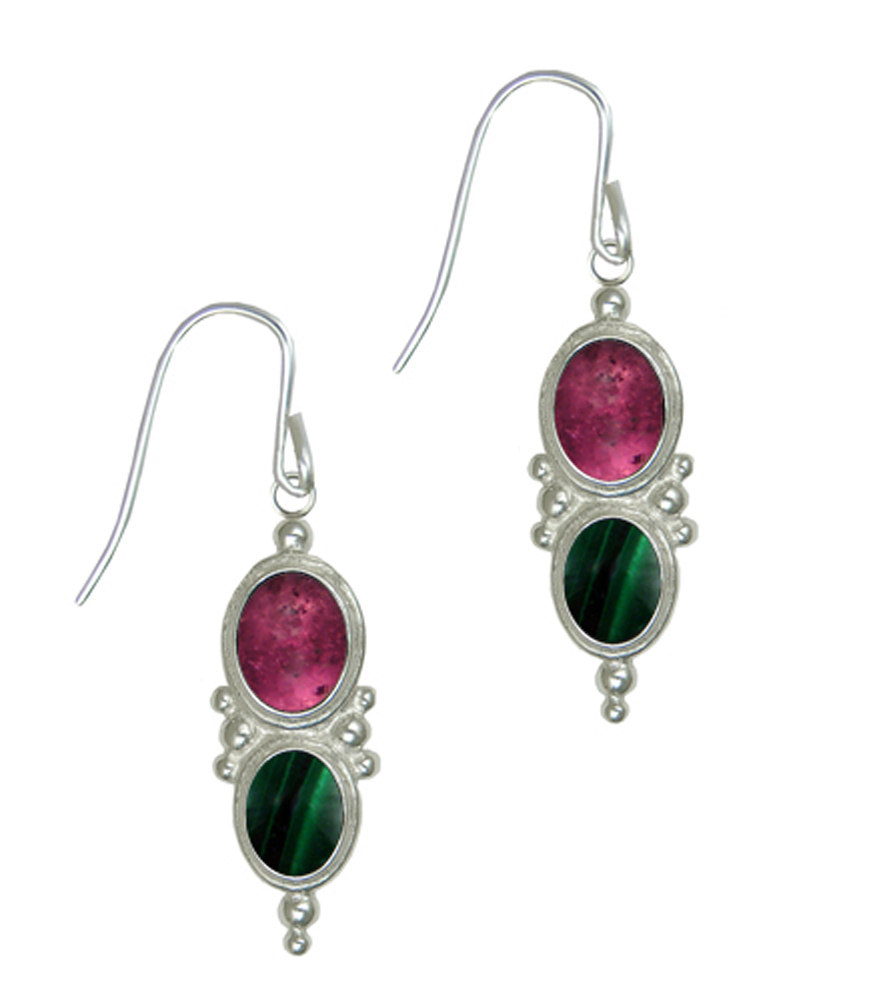 Sterling Silver Drop Dangle Earrings With Pink Tourmaline And Malachite